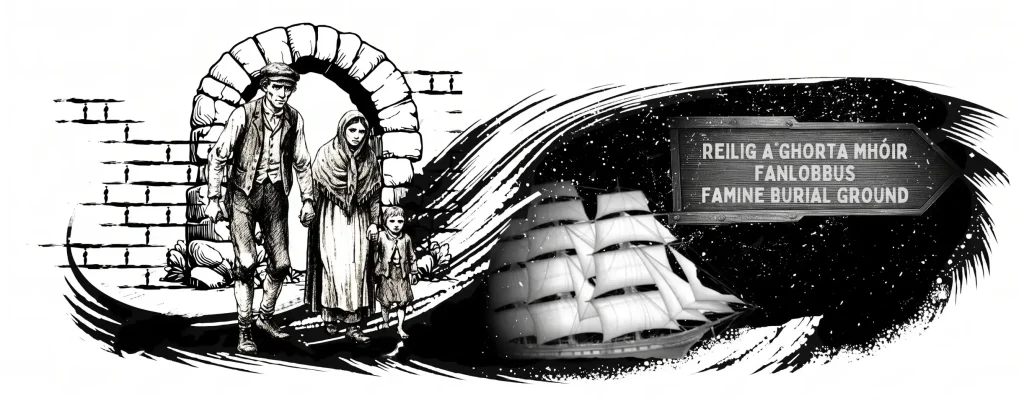 A monochrome illustration depicting the Irish famine. On the left, a man, a woman in a shawl, and a small child are shown walking through a stone archway. On the right, a large three-masted sailing ship (a 'famine ship') is depicted at sea. Above the ship, set against a dark background, is a wooden directional signpost.
