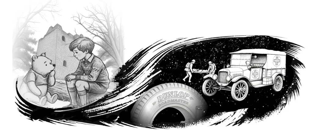 A monochrome montage of literature and wartime history. On the left, a classic illustration shows Christopher Robin and Winnie-the-Pooh sitting on a log in front of a stone ruin. On the right, a large vehicle tyre is partially visible in the foreground. In the background, against a dark sky, two medics are shown carrying a casualty on a stretcher towards a vintage ambulance marked with a Red Cross.