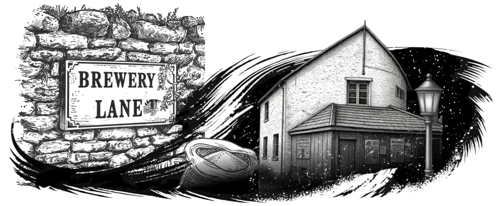 An illustration for a plaque titled "The Market House & Town Commerce". On the left, a stone wall features a sign reading "BREWERY LANE". A sweeping line transitions to the right, showing a sack of grain, a traditional street lamp, and an old stone building with posters displayed on the front.