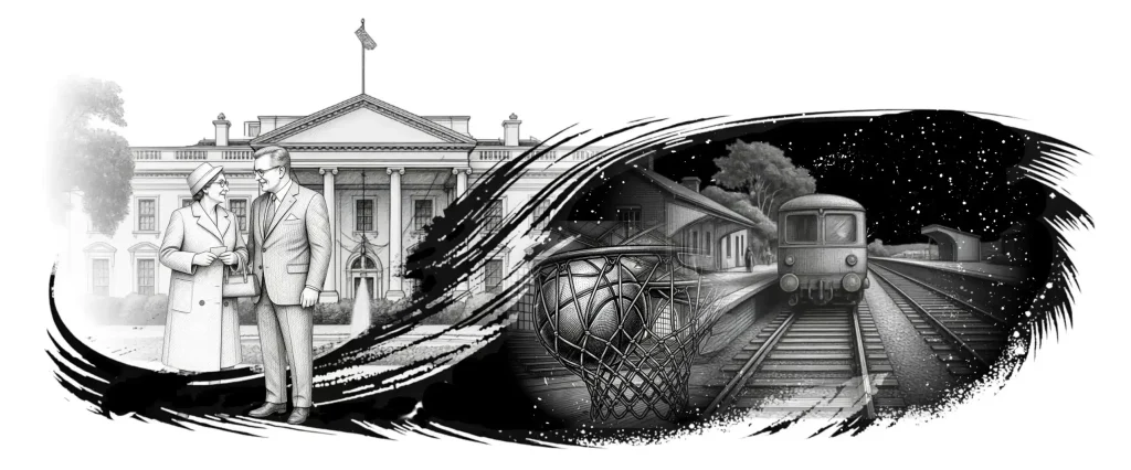 A monochrome illustration showing civic and transport themes. On the left, a man and woman in formal mid-20th-century attire stand talking in front of the White House (a large, neo-classical building with columns). On the right, set against a dark background, is a close-up of a basketball entering a net. In the background of this section, a vintage train is stationary on tracks at a rural railway station under a night sky.