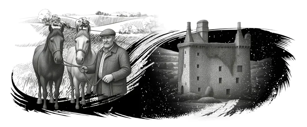 A monochrome rural scene. On the left, a man wearing a flat cap and a rugged jacket stands in a field, holding the lead ropes of two horses. The background shows rolling hills and sparse trees. On the right, a large, four-storey stone castle or tower house with turrets is depicted against a dark, speckled night sky, with a small path leading to its entrance.