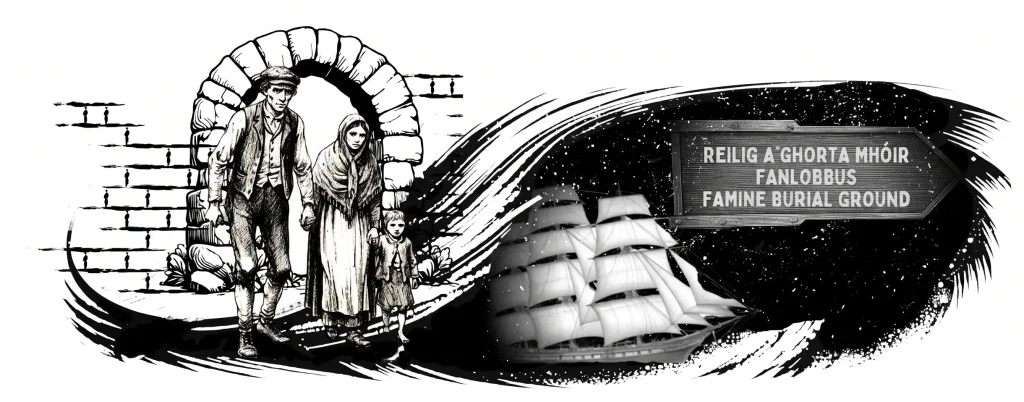 A monochrome illustration depicting the Irish famine. On the left, a man, a woman in a shawl, and a small child are shown walking through a stone archway. On the right, a large three-masted sailing ship (a 'famine ship') is depicted at sea. Above the ship, set against a dark background, is a wooden directional signpost.
